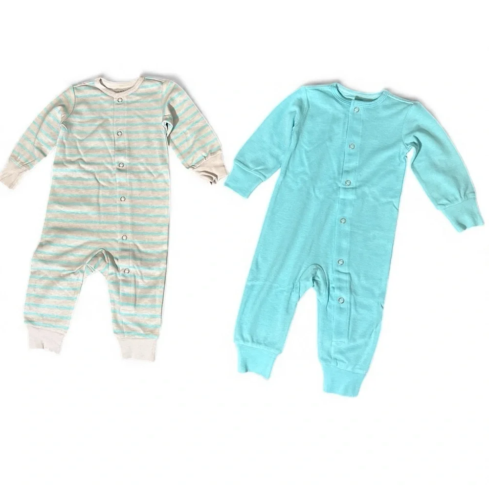 Hanes Baby Flexy 2-Pack Long Sleeve Rompers – Size 0–6M – Blue & Gray Stripe